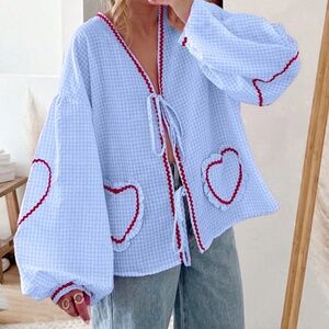 Light Blue Med Gingham Long Sleeve Tie-Front Top with Red Heart Trim